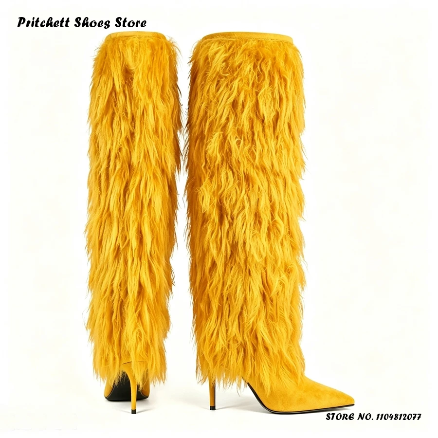 Women's Faux Fur Knee-high Boots Solid Shaggy Furry Slip-On Long Boots Fashion Street Style Pointed Toe Thin Heels Footwear