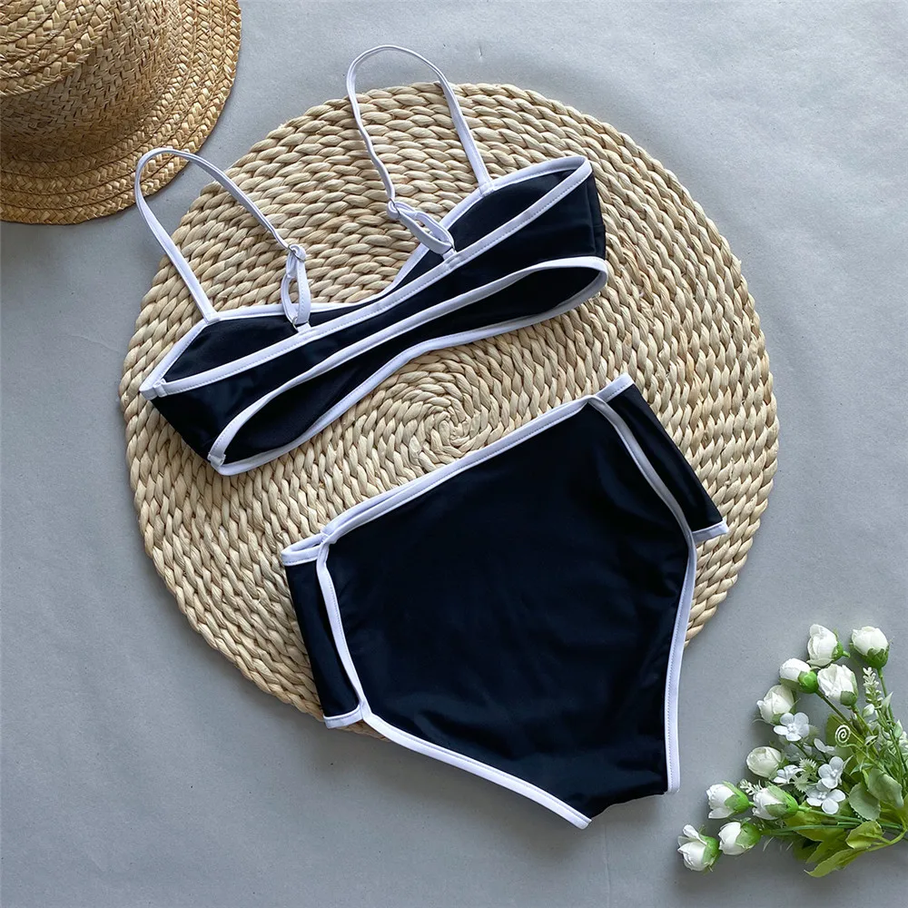 Black High Waist Bikini Set Contrast Colors striped Sexy Swimsuit Women Bandeau Swimwear Push Up Bathing Suit Bikinis 2024 Mujer