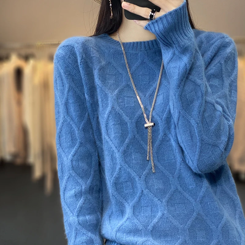 

Korean fashion solid color twisted 100% pure wool autumn and winter new women's round neck knitted bottoming shirt