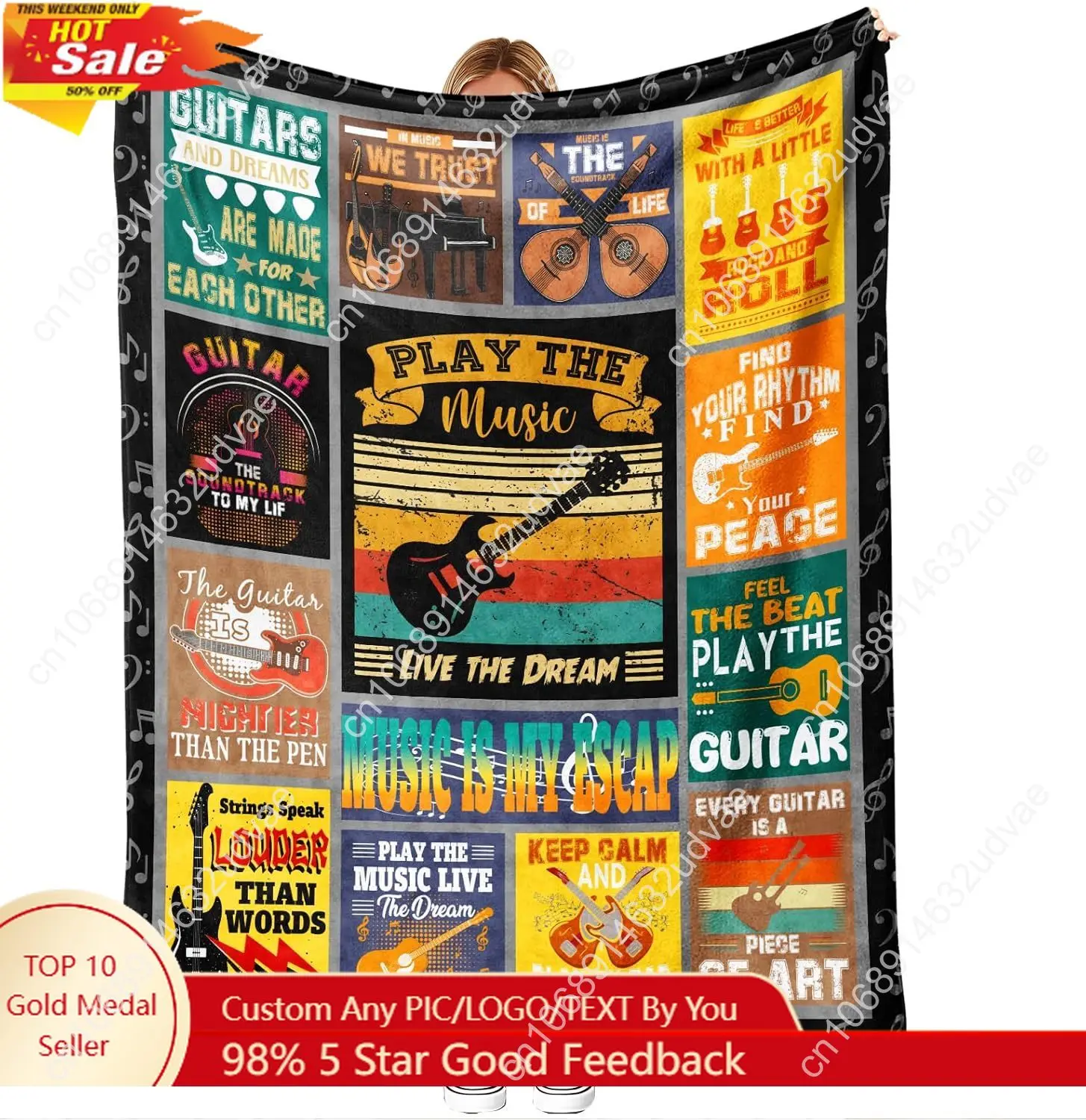 

Retro Guitar Poster Collage Throw Blanket, 60x50 in Soft Flannel, Vintage Rock Band Graphics for Music Lovers, Cozy Couch Bed De