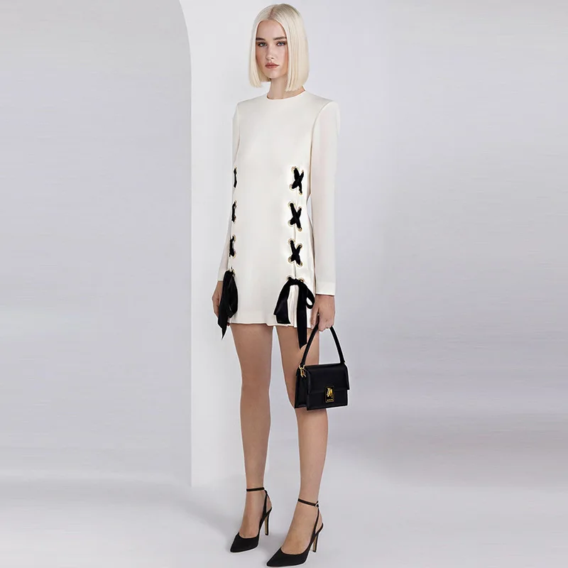 

Spring and Autumn New Star Fashion Ribbon Tie Casual Round Neck Long sleeved Dress Mid length Women's Dress