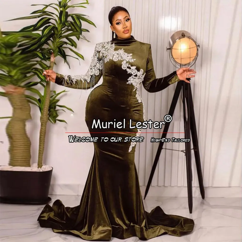 Aso Ebi Meerjungfrau Ballkleid plus Größe Bankett Abend Party Kleider lange Ärmel Applikationen Samt Frauen Kleider elegant zuges chnitten