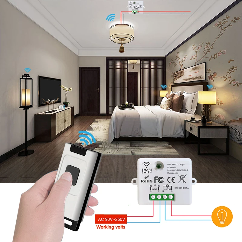 433 MHz Wireless Remote Control AC110V 220V 10A 1CH Relay Receiver and Push Button Transmitter for LED Light Lamp Fan Controller