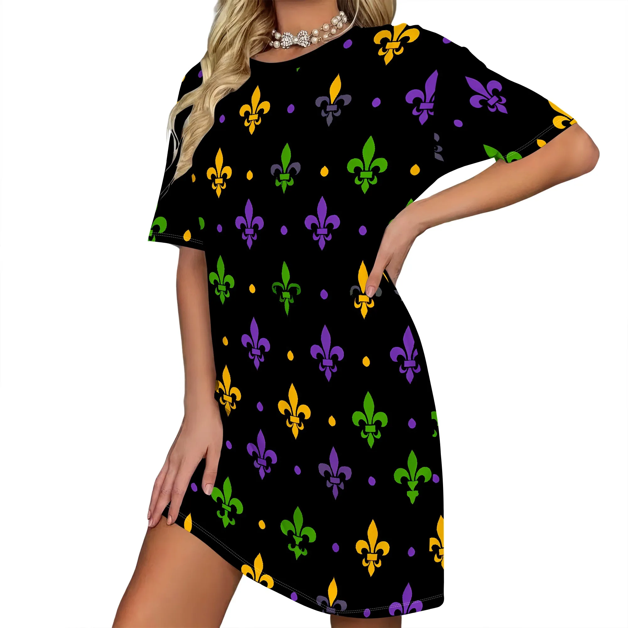 Mardi Gras Print Dress, Black T-Shirt Dress, Fleur De Lis Pattern, Short Sleeve Summer Casual, Festival Party Wear, S-2XL