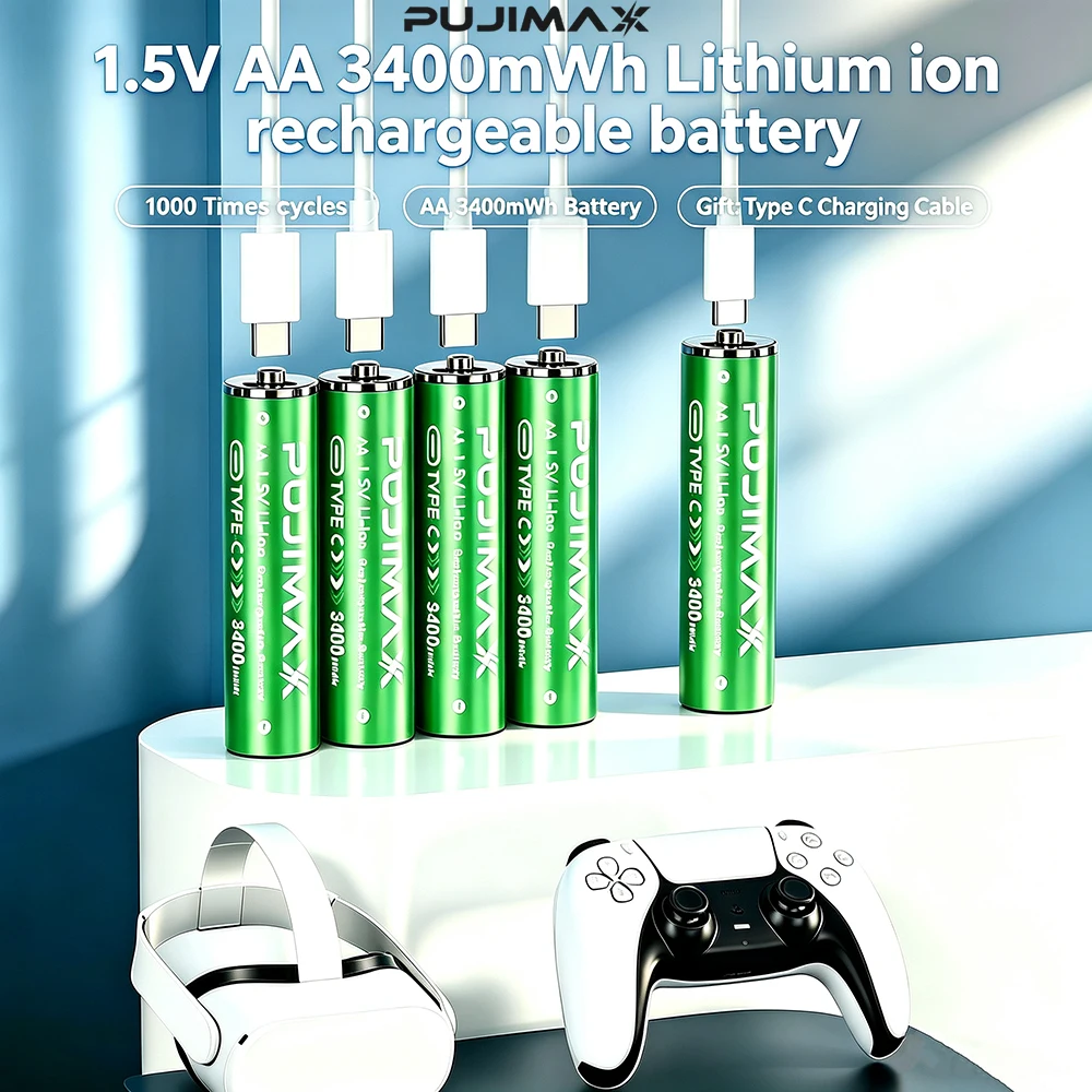 PUJIMAX USB AA Rechargeable Batteries 1.5V 3400mWh Li-ion Battery for Remote Control Mouse Electric Toy Battery + Type-C Cable