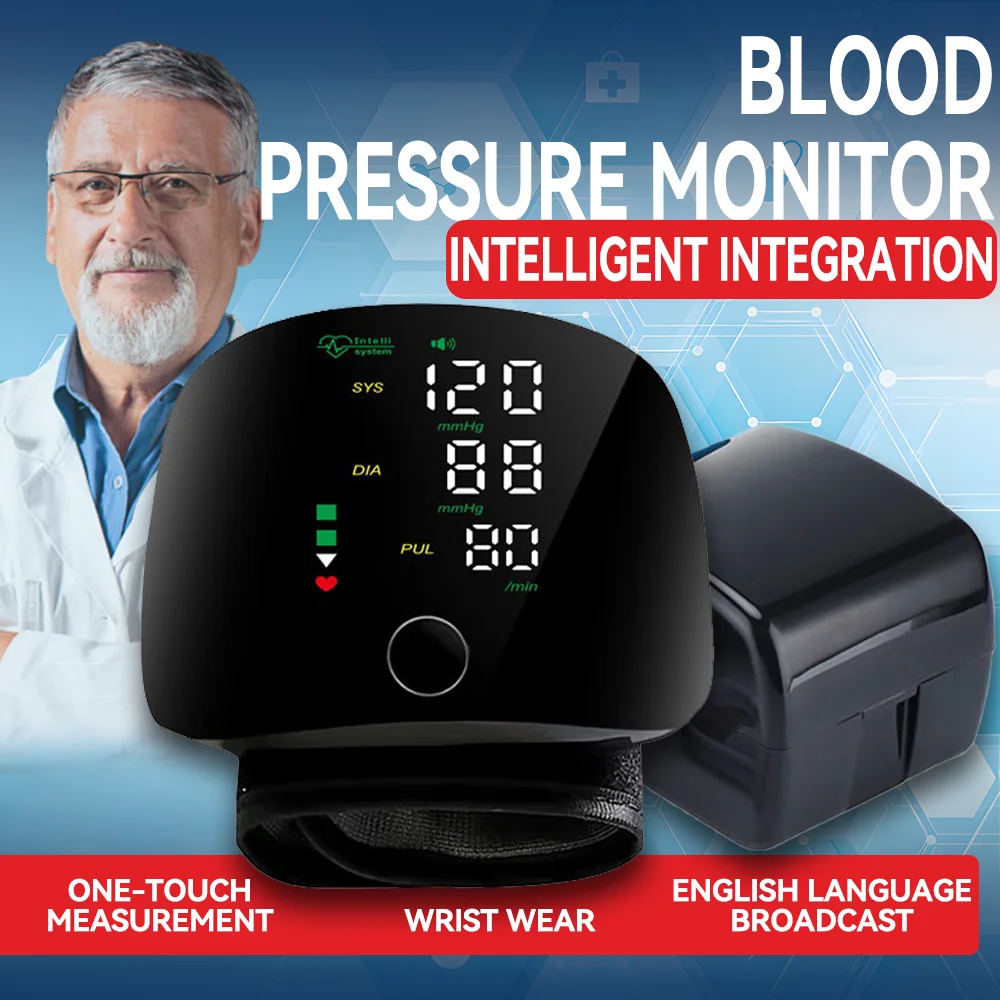 LED Screen Wrist Blood Pressure Monitor English Voice Broadcast Rechargeable Blood Pressure Measuring Device Sphygmomanometer