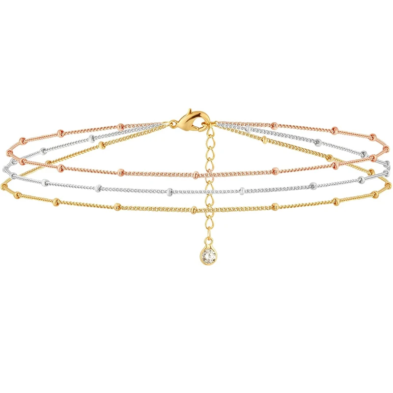 Triple 3colors Beaded Bracelet for Women 14K Gold Plated Stainless Steel Dainty Chain Simple Cute Handmade Tiny Jewelry for Her
