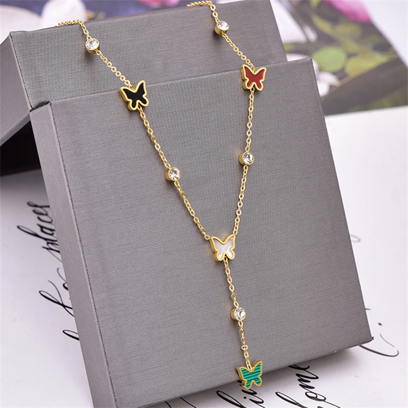 316L Stainless Steel New Fashion Fine Jewelry Natural Shells Zircon Butterfly Charm Chain Choker Necklaces Pendants For Women