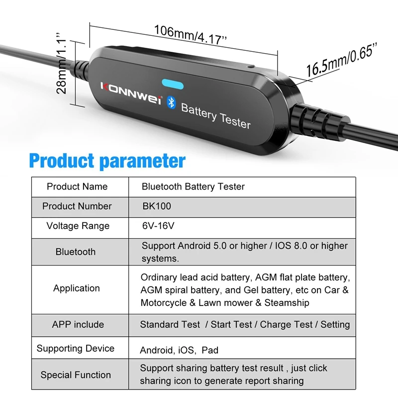 KONNWEI BK100 Wireless BT Battery Tester 100-2000 CCA 6V 12V Battery Detector Battery Cranking Charging Analyzer Black