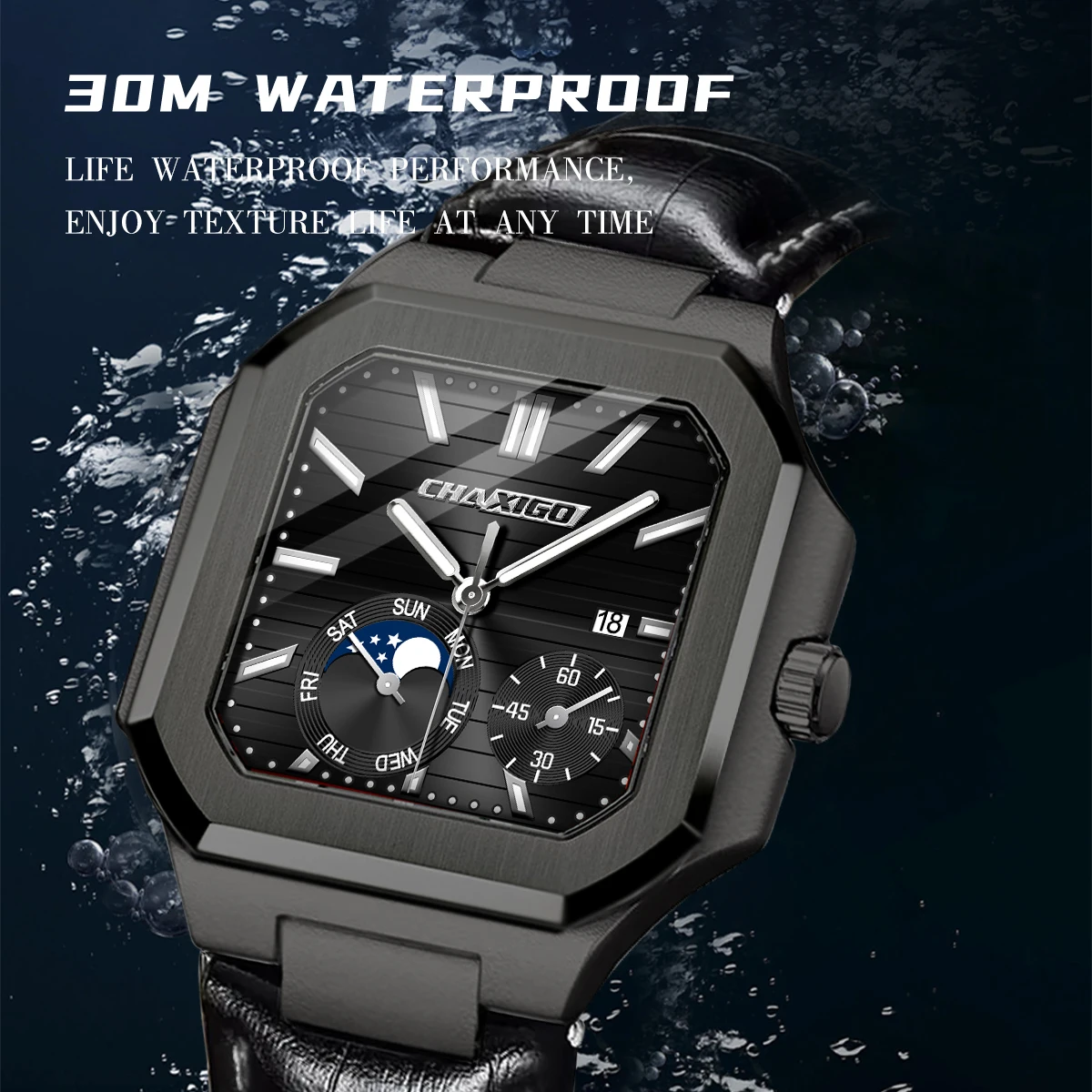 ساعة CHAXIGO للرجال فاخرة بمينا مربع وحزام جلدي 41.5 ملم 3ATM مقاومة للماء كوارتز للأعمال