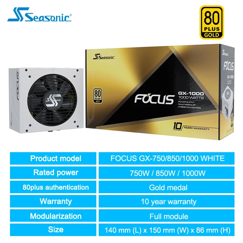 Seasonic FOCUS GX750 GX850 GX1000 White Power Supply Intel AMD CPU 850W 20+4pin 6+2Pin 14cm Gaming Computer Power 80 PLUS Gold