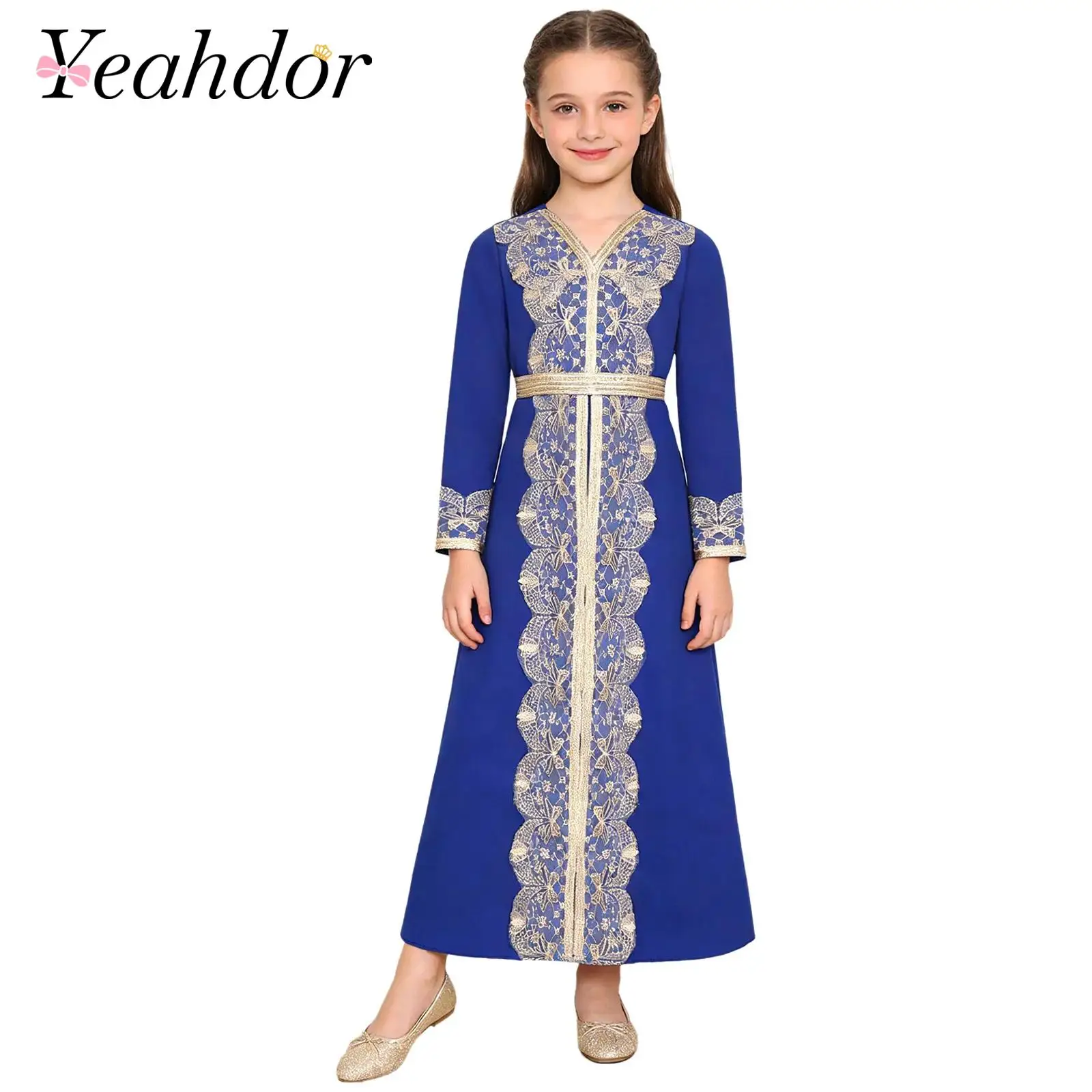 

Детское мусульманское платье-абайя для девочек, с вышивкой и кружевной отделкой, в стиле Ближнего Востока, Дубай, кафтан, длинное исламское платье для детей