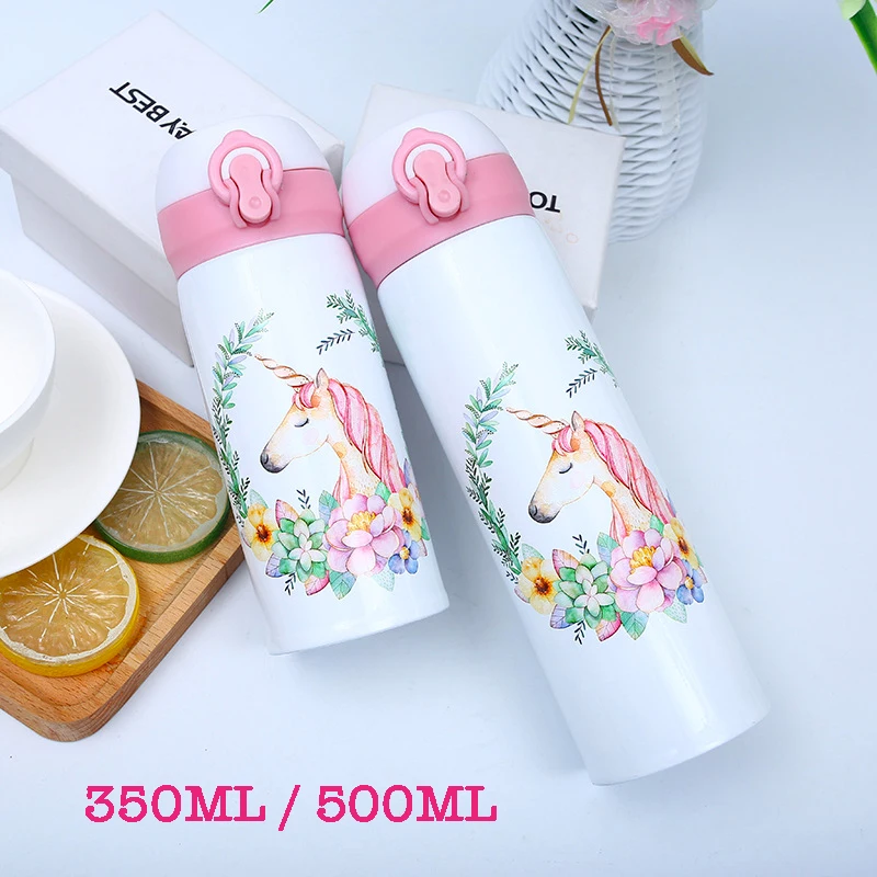 500ML ขวดน้ําสูญญากาศ 304 สแตนเลสดื่มการ์ตูนถ้วยยูนิคอร์นเด็ก THERMOS ขวดสําหรับสาวเด็กโรงเรียนถ้วย
