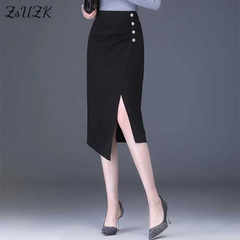 ZUZK Elegant Fashion Slit Bodycon Black Skirt For Women Elastic High Waist Button Decorate Chic Slim Irregularity Pencil Skirts