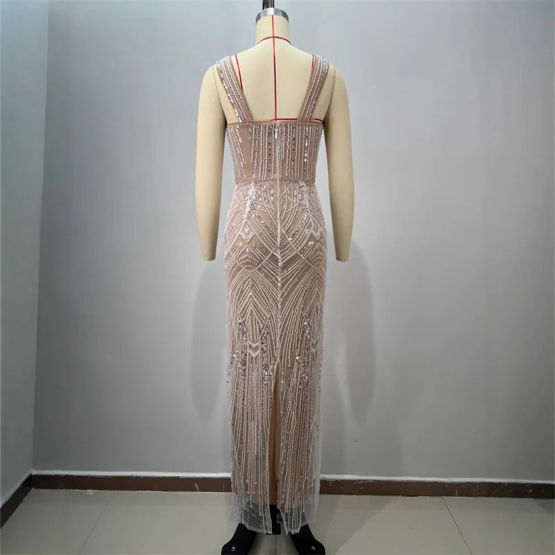 جديد وصول رائعة الترتر التطريز مثير المنخفضة قطع الجوف خارج أكمام Bodycon الشمبانيا فستان هوت كوتور ثوب مسائي