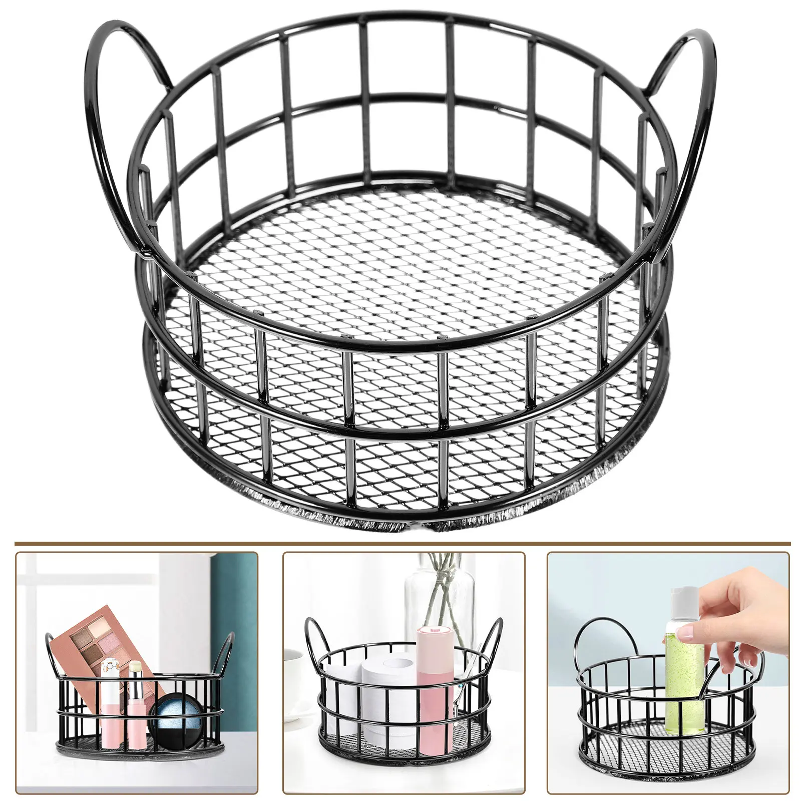 Round Iron Storage Basket with Mesh Design for Fruits Snacks Sundries Makeup Lipstick Desktop Organizer Home Office Kitchen