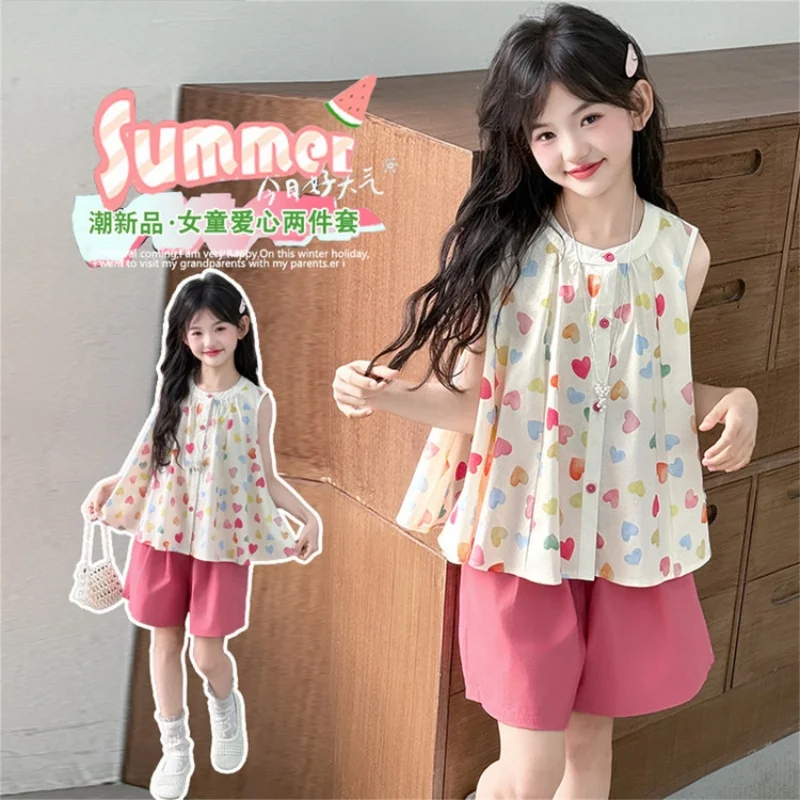 

Girls' Heart-Embellished Sleeveless Shorts Set, Tank-Style Set, Summer Shorts, Suitable for Teens Aged 7-14