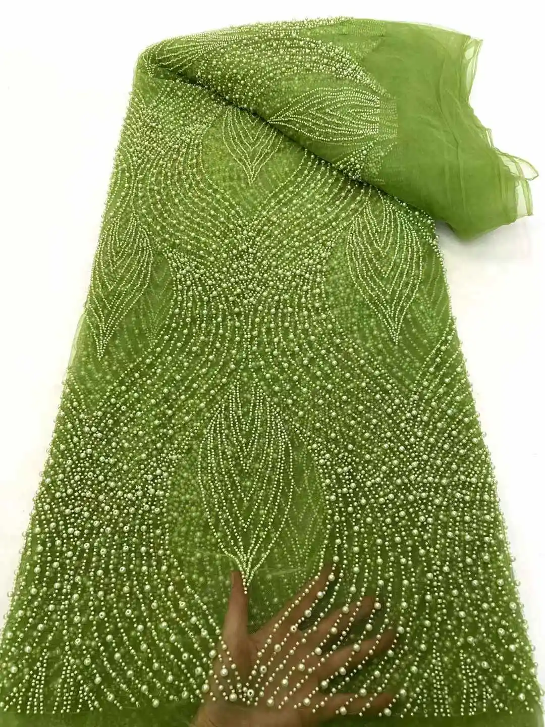 卸売アフリカビーズパールレース生地フレンチブライダルレース生地 2025 高級ナイジェリアチュールレース生地クチュール素材