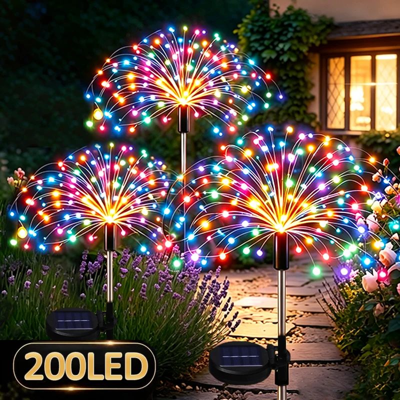 Solar Garden Lights Outdoor 200LED Firework Lights Multicolor for Yard Pathway Flowerbed Planter Balcony Patio Decor Waterproof