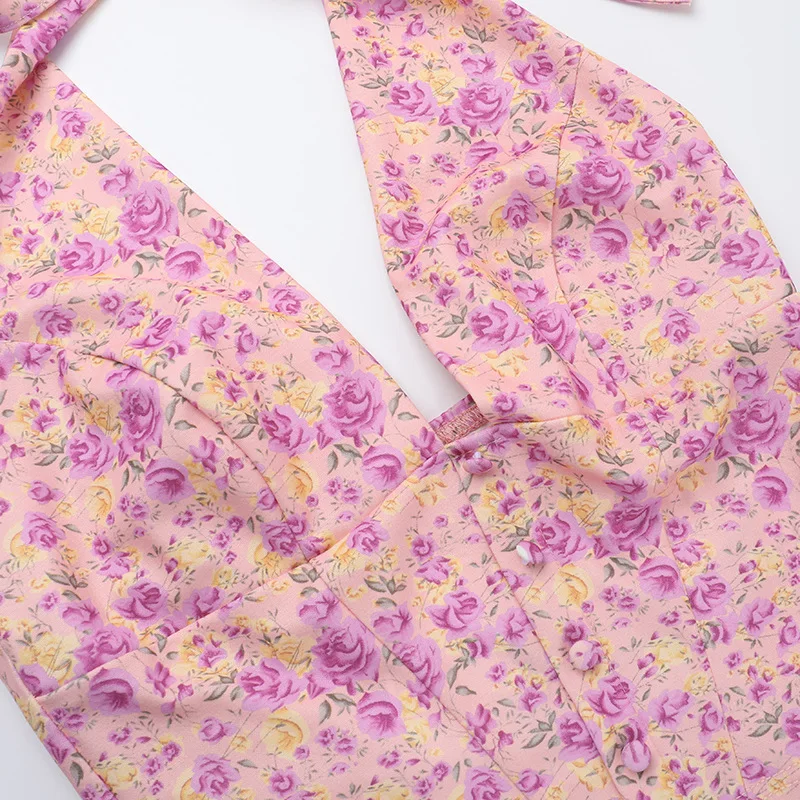 Floral Top Mini Skirt Set Women's Clothing Hanging Neck V-Neck Top Hot Girl 2025 Summer New Sexy Slim Fit Half Sleeveless Female