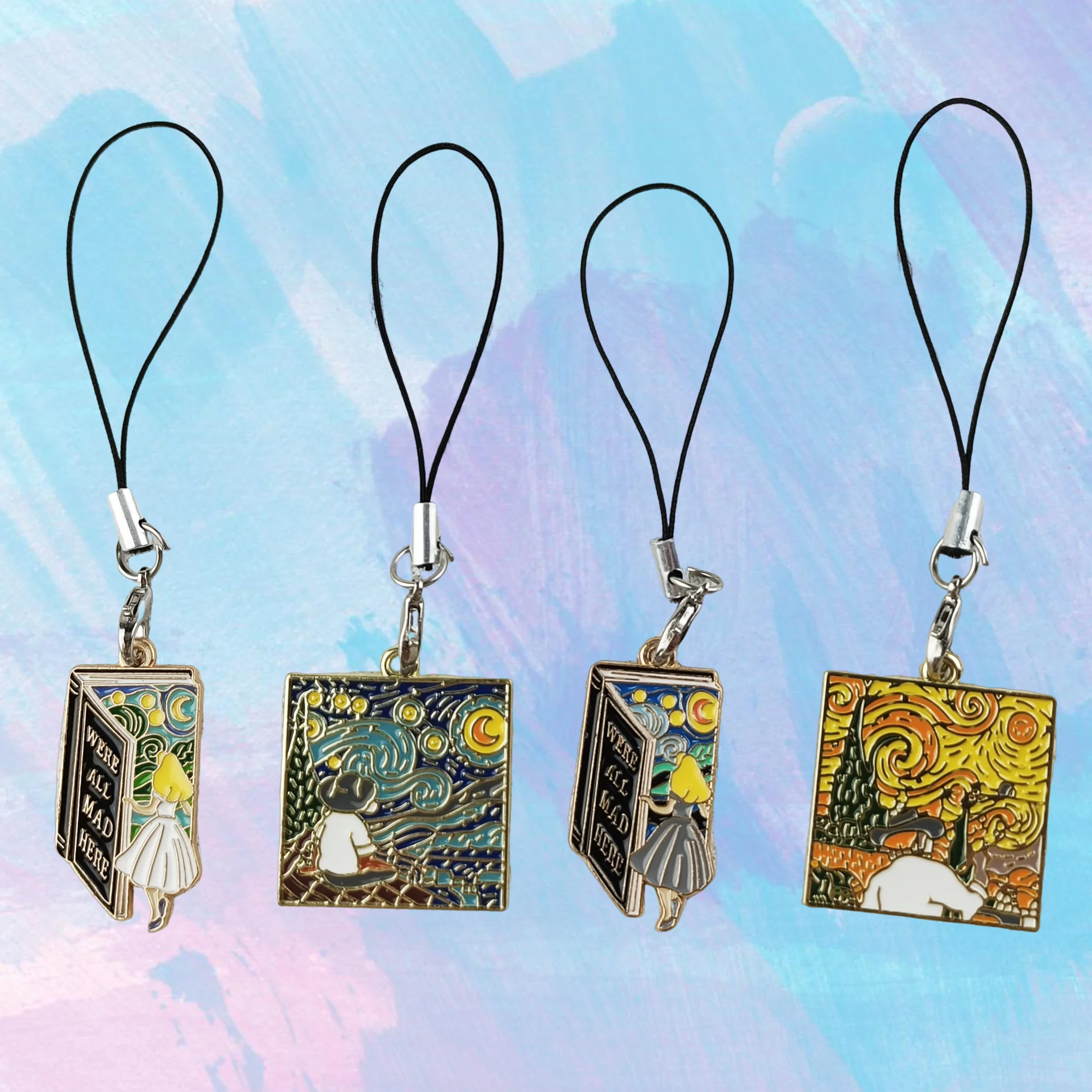 Alice in Wonderland Enamel Phone Chain Van Gogh Oil Painting Keyring for Women Men Backpack Pendant Fashion Jewelry Accessories