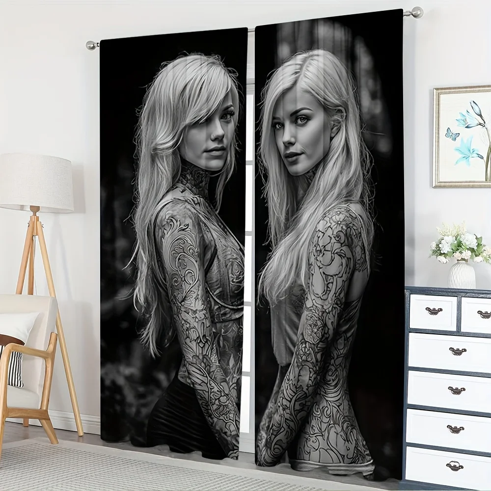 Tattooed Woman Curtains Black and White Art Print Window Drapes Gothic Fashion Home Decor Body Art Theme Living Room Bedroom