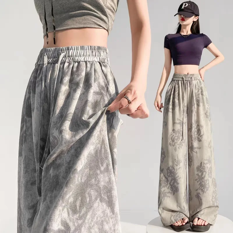 الحرير الجليد القطن الكتان المطبوعة واسعة الساق السراويل الصيف رقيقة تنوعا سراويل تقليدية مريحة عالية الخصر ثنيات السراويل المستقيمة