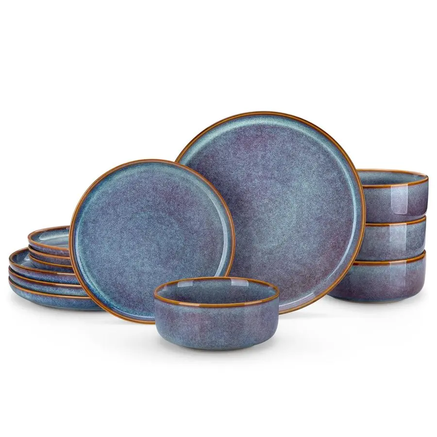 

PLAYA Plates and Bowls Sets, 12 Pieces GreyBlue Dinnerware Sets for Kitchen, Reactive Glaze Dishes Set for 4, Dishwasher and Mic