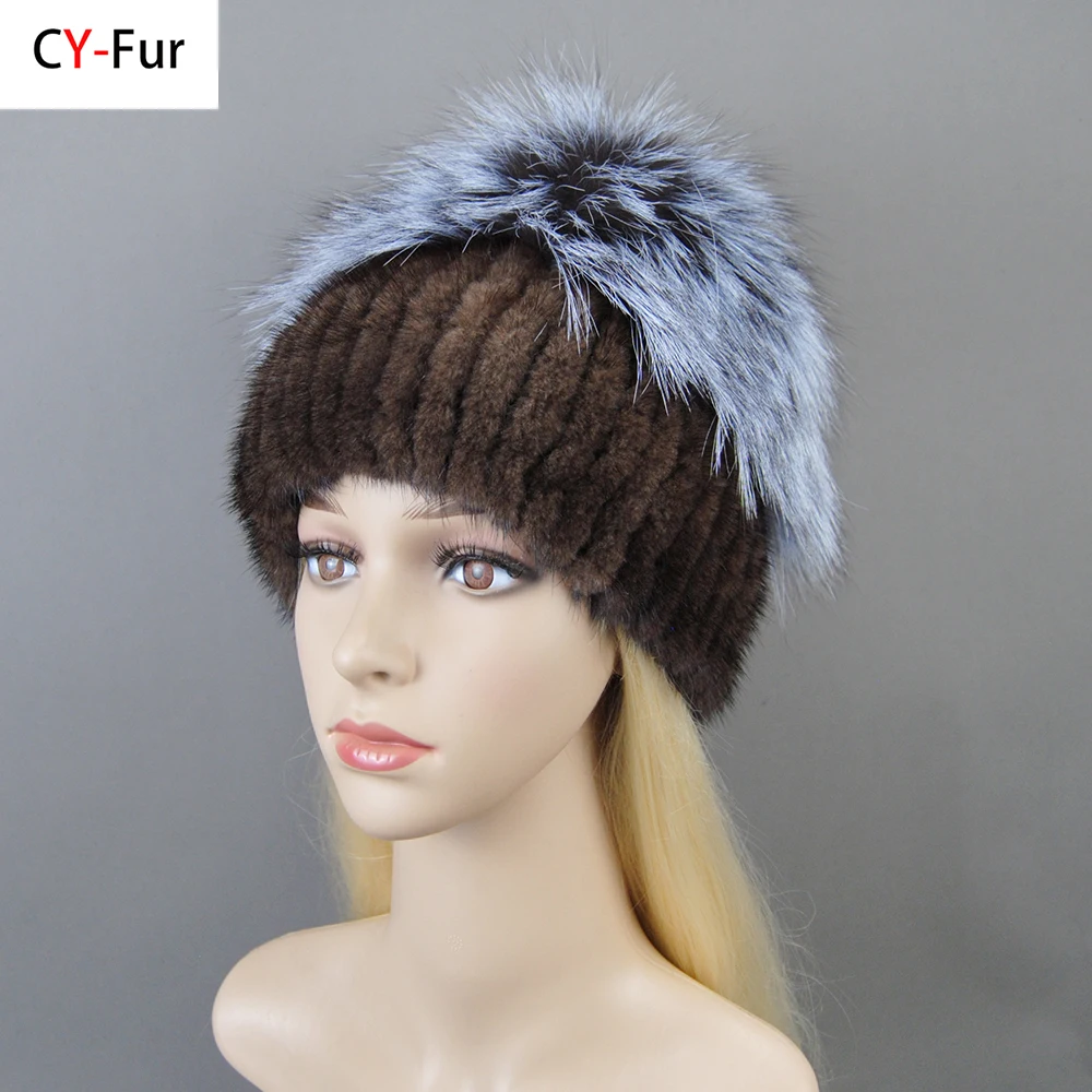 

Real Silver Fox Fur Hat Female Natural Mink Fur Winter Hats For Women Beanies Knitted Luxury Women's Real Mink Fur Beanies Hats