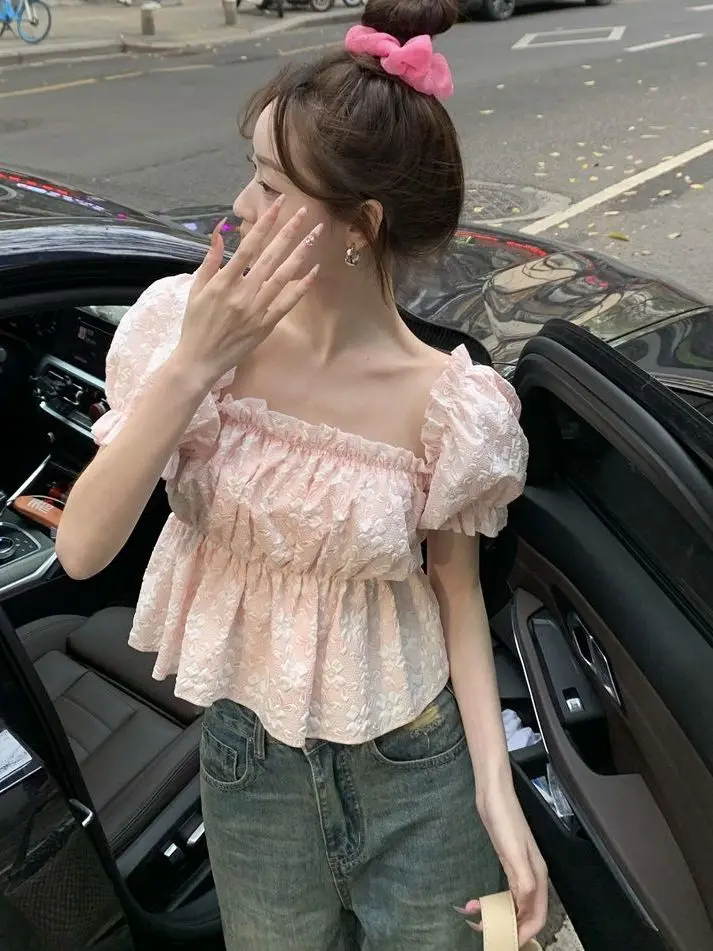 

Pink Sweet And Spicy Woorain Ruffle Bubble Sve irt Women's Summer New Sle Slimming Youthful ort Casual Top Trendy