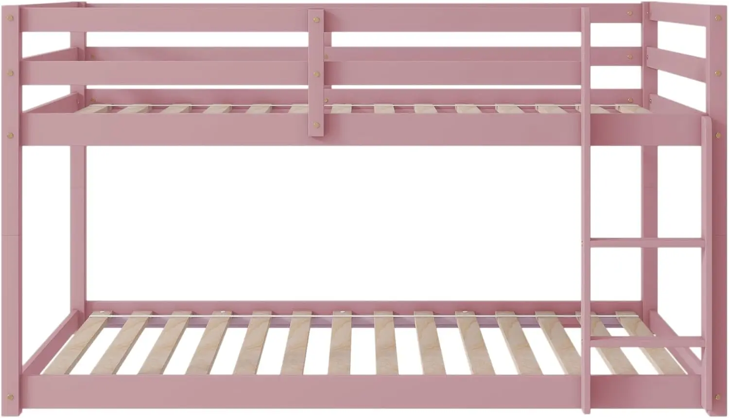 سرير مزدوج بطابقين مع سلم، قضبان حماية أمان، إطار من الخشب الصلب، وردي