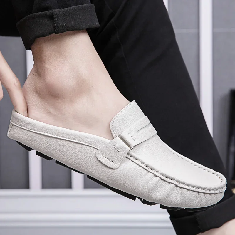 Men Slippers Fashion Leather Loafers Outdoor Non-slip Casual Driving Shoes Men Mules Slides Comfortable Beach Sandals Zapatillas