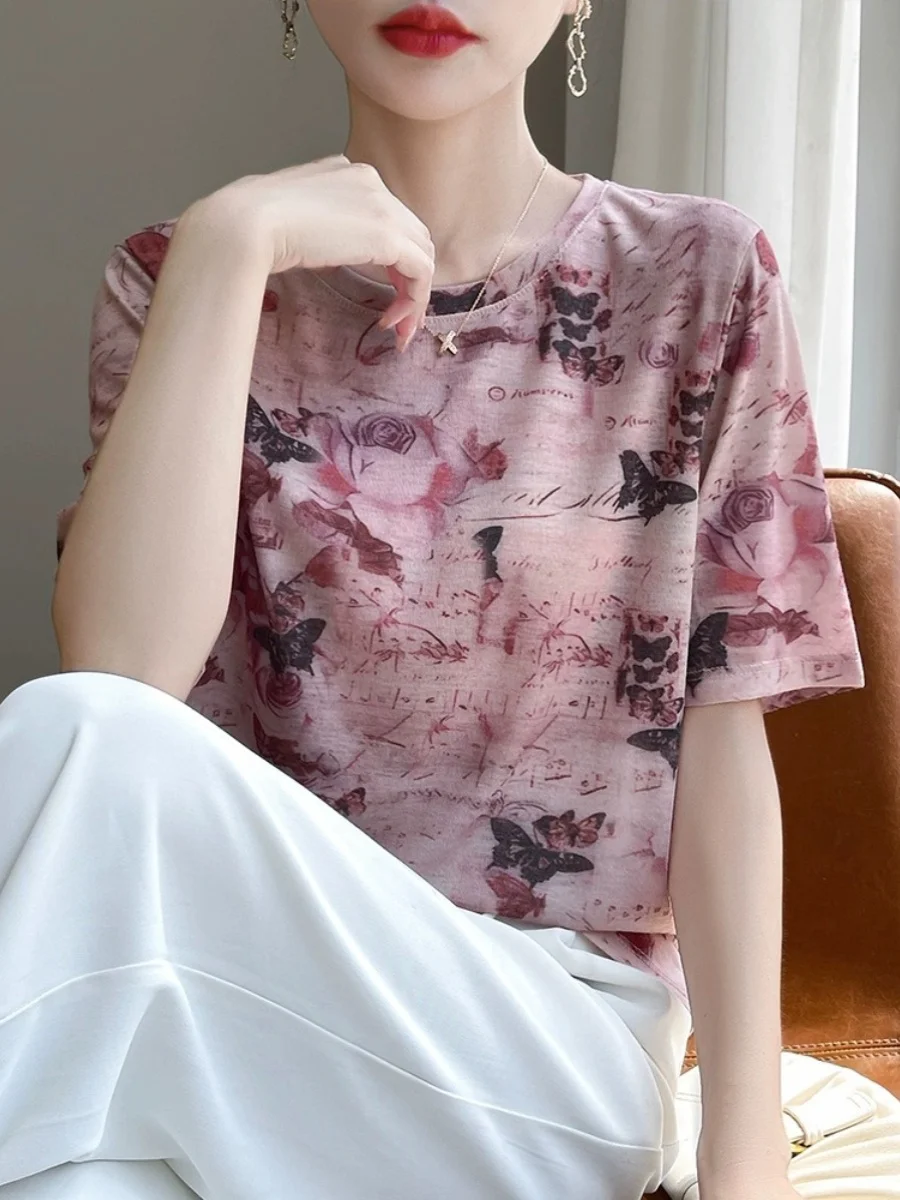 Tie Dye Print Vintage Women's Loose Silk Base irt Spring Summer New Sle Faionable T-irt Top Small irt round Ne ...