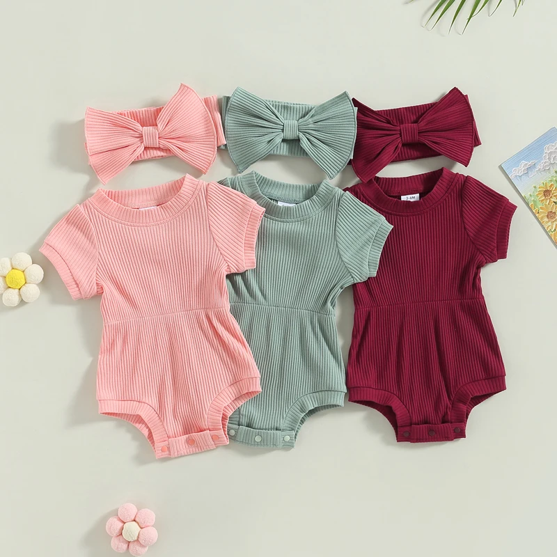 

0-18M Baby Girls Romper Sets Newborn Infant Solid Color Ribbed Short Sleeve Jumpsuit with Bow Headband Summer Casual Outfits