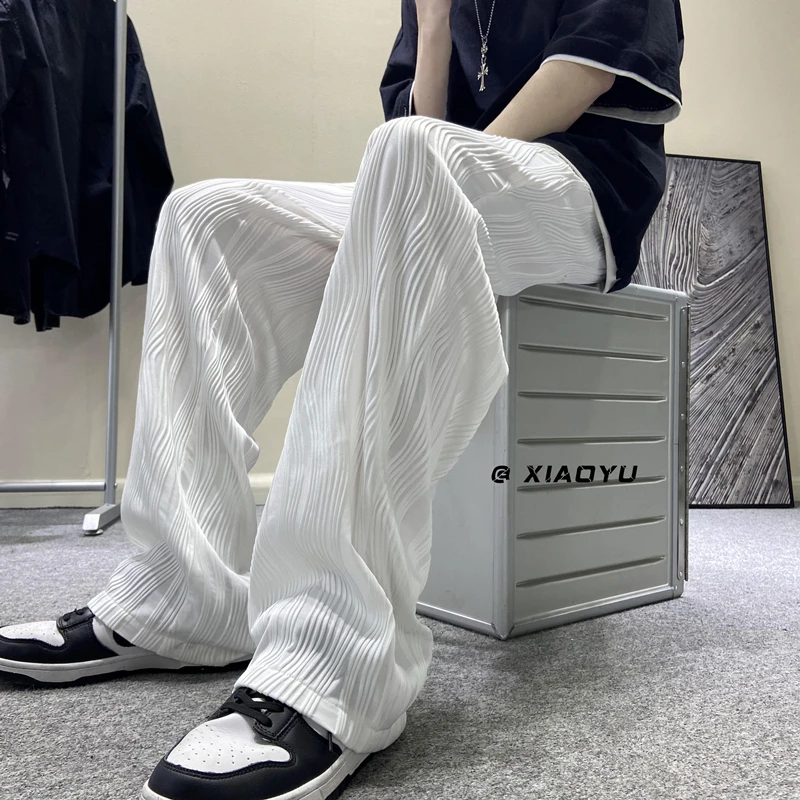 Men's Fashion Straight Pleated Pants Elastic Waist Casual Pants Men's Street Loose Ice Silk Wide Leg Pants White Black M-5XL