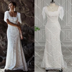 Robe de mariée sirène en dentelle à encolure carrée personnalisée, manches courtes flottantes, grande taille, dos nu, train de balayage, goutte de soleil, patients, quoi que ce soit