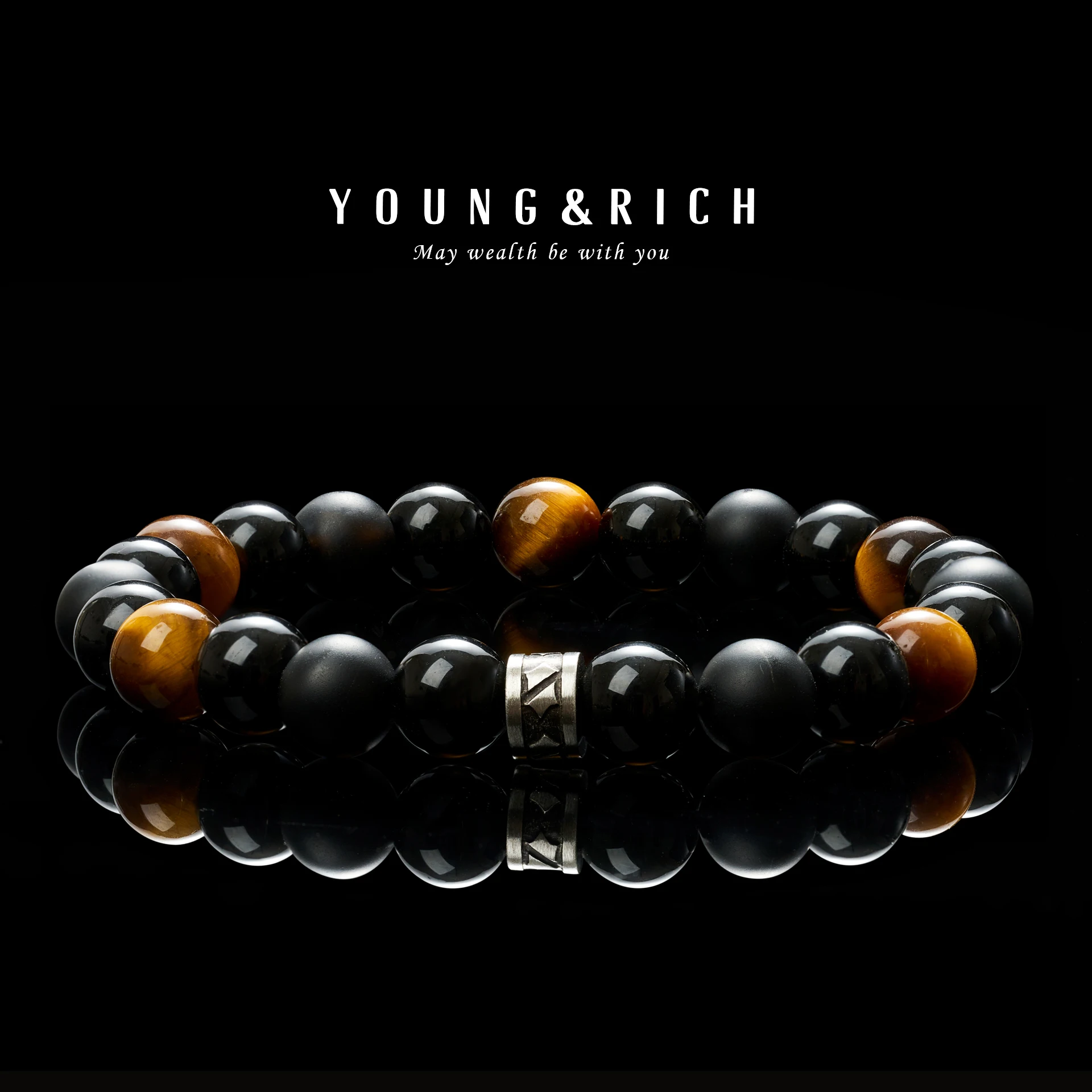 

YOUNG&RICH Men's Tiger's Eye & Black Obsidian Beaded Stretch Bracelet - Gothic Vintage Stackable Jewelry Gift for Him