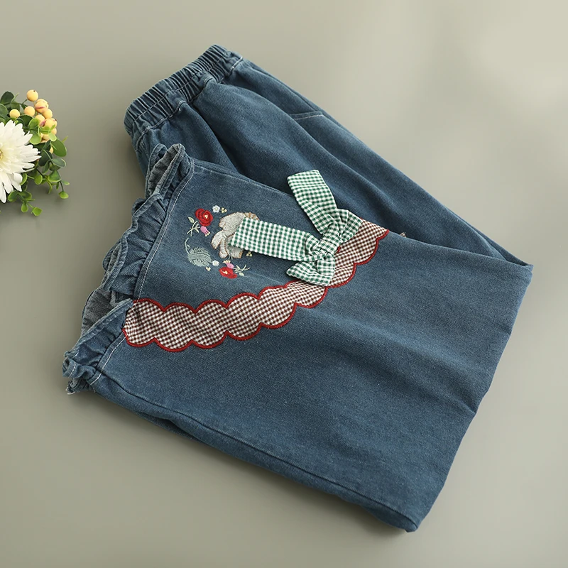 اليابانية الحلو موري فتاة خمر القوس منقوشة التطريز المرقعة الدنيم السراويل النساء الربيع مرونة الخصر جينز مستقيم غير رسمي