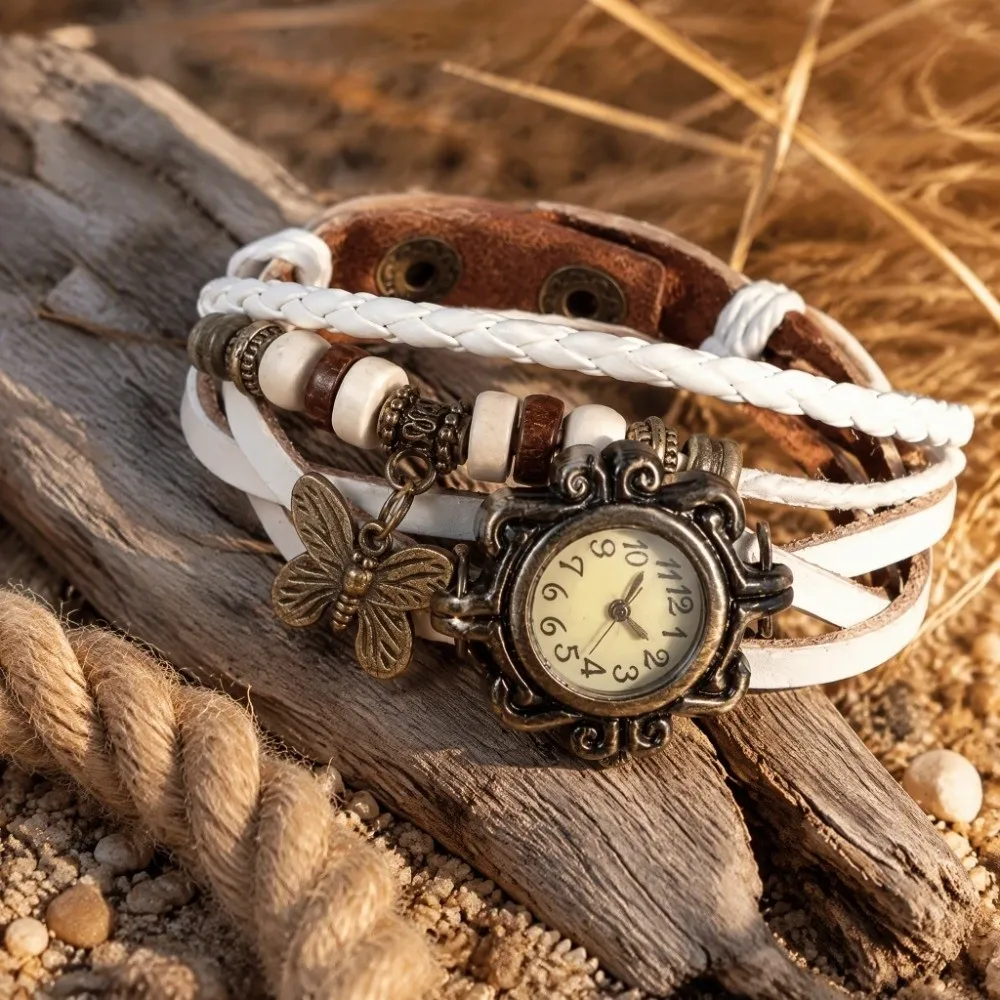 Antique Vintage Bracelet Watch PU Leather Quartz Movement Wrap Bracelet Watch Leather Wrapped Butterfly Charm Quartz Watch Gift
