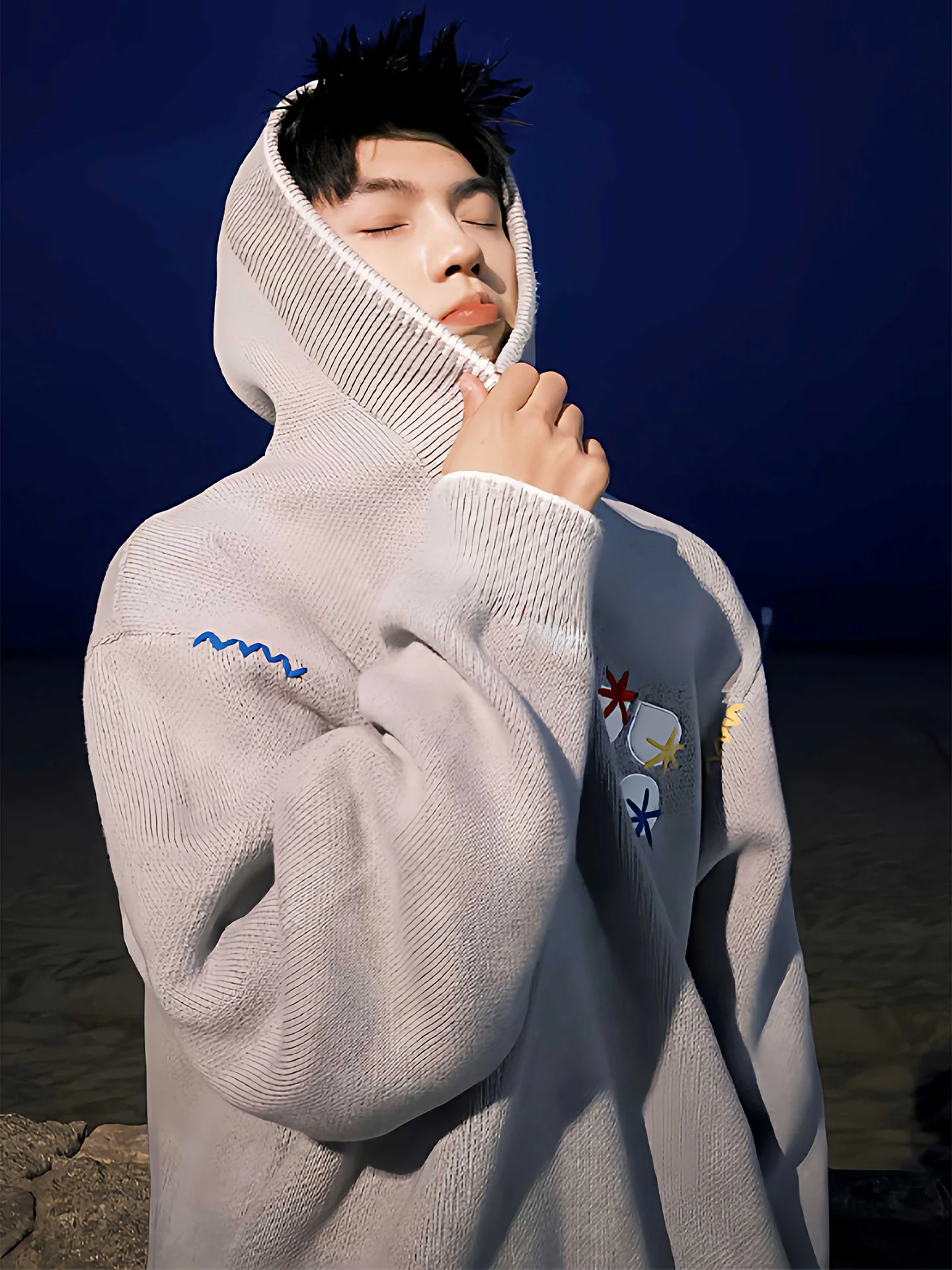 ルーズフィット フード付きニットウェア ジャケット メンズ カジュアルスタイル ティーンエイジャー フルジッパーデザイン 快適で通気性のあるソフトアクリル生地