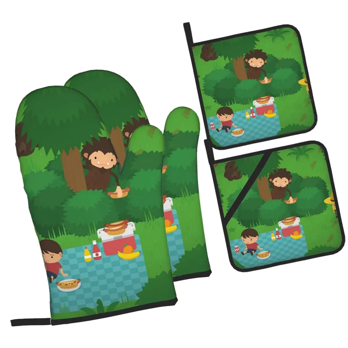 Sneaky Sasquatch Picnic Oven Mitts and Pot Holder Sets of 4 for Baking Kitchen Cooking BBQ Resistant Non-Slip Gloves