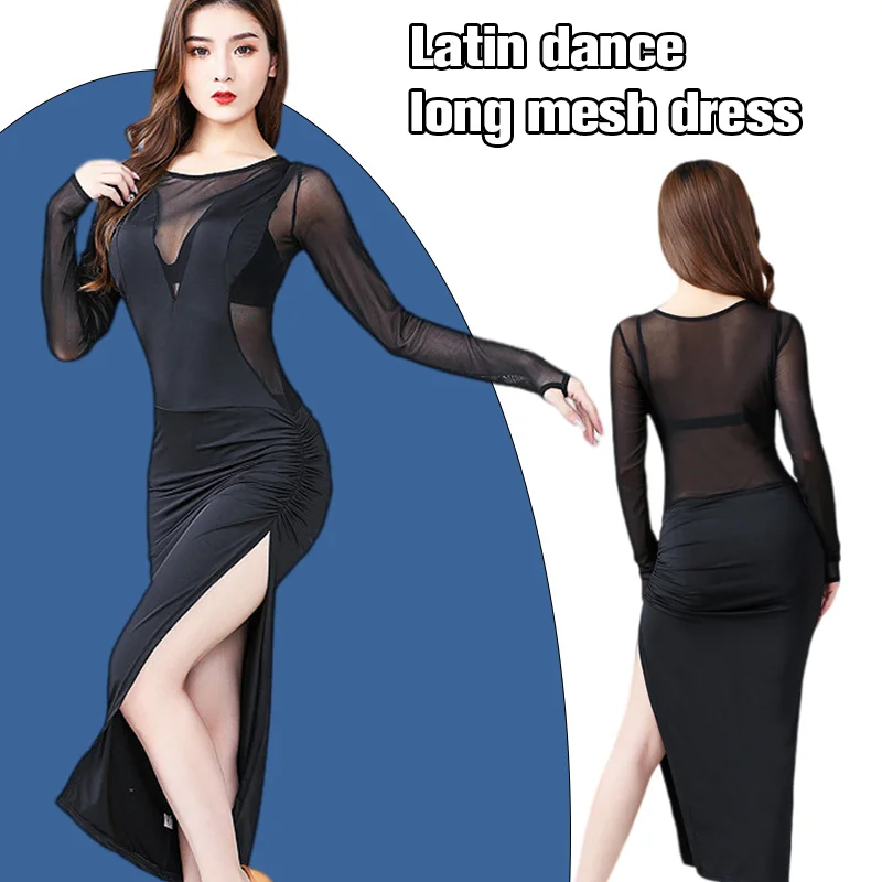 

Women Latin Dance Dress Ice Silky Mesh Slit Long Dress Competition Professional Dance Waltz Practice Stage Performance Costume