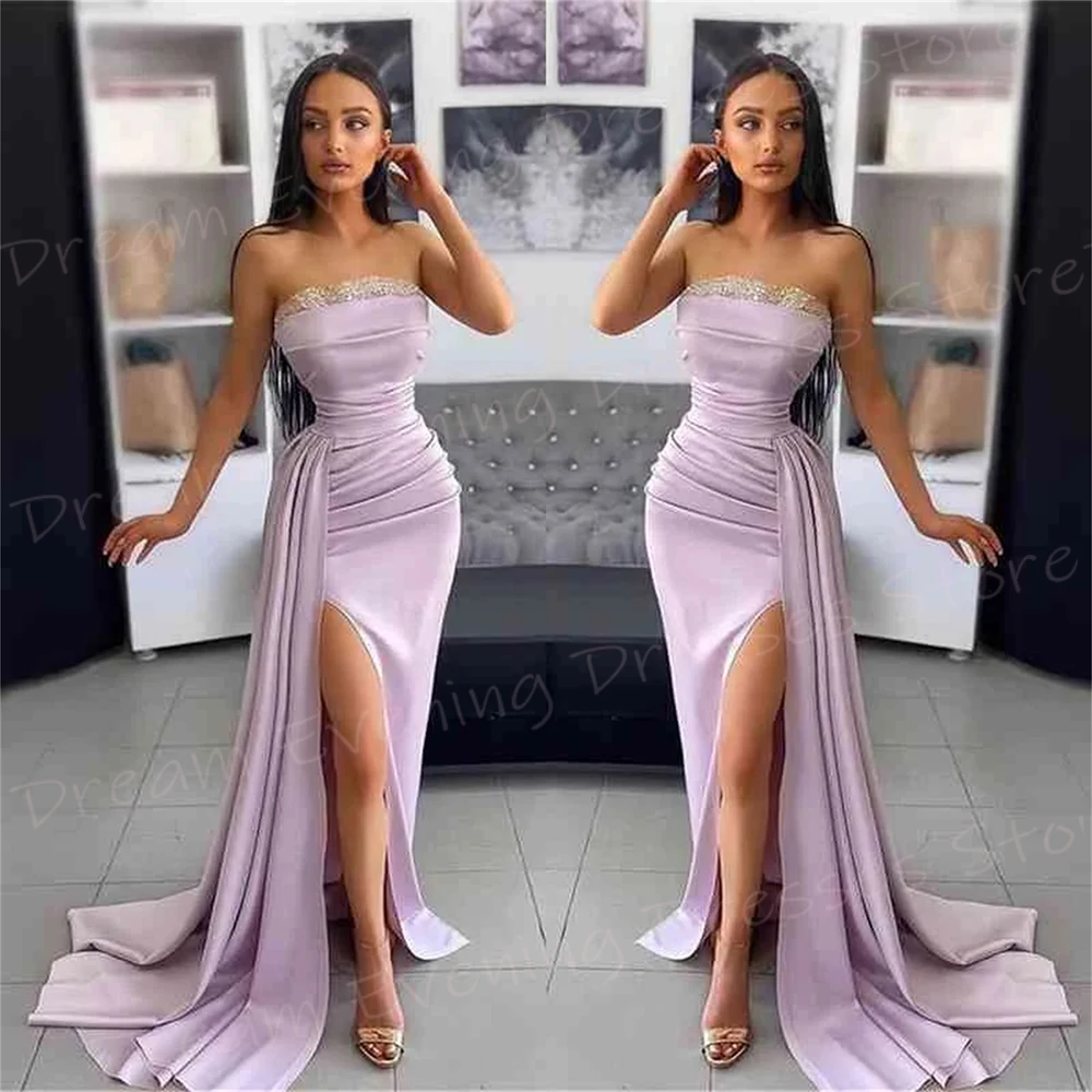 Elegant Purple Women's Mermaid Modest Evening Dresses Simple Sexy Strapless Prom Gowns Side Split Pleated Robe De Soiree Femmes