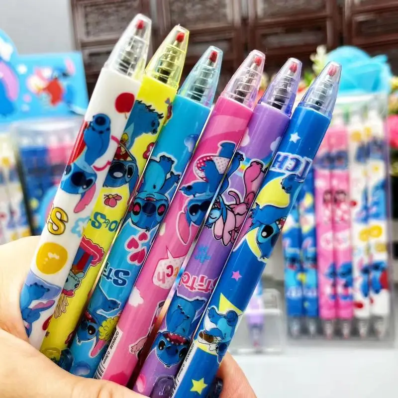 Disney-Stitch Cartoon Gel Pen, Black Water Ink, Press Pen, Caneta Assinatura Bonito, Estudante Papelaria Gift, Novo, 0.5mm, 12Pcs