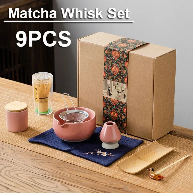 

9PCS Tea Whisk Brush Set Bamboo Matcha Whisk Scoop and Holder Matcha Bowl with Strainer Japanese Matcha Ceremony Accessory Gift