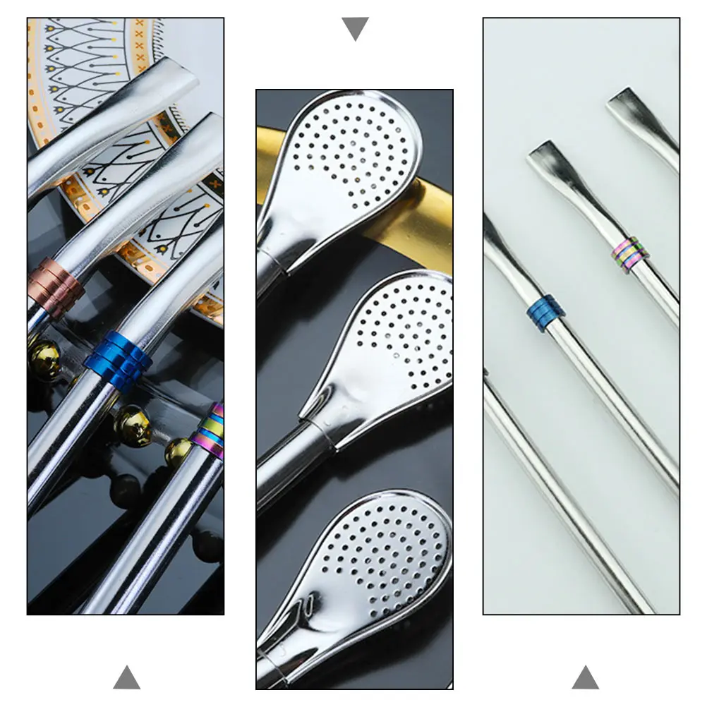 

5pcs Stainless Steel Straw Spoon Flat Mouth Filtering Stir Spoon For Coffee Tea Bar Bistro Restaurant Party Home Use