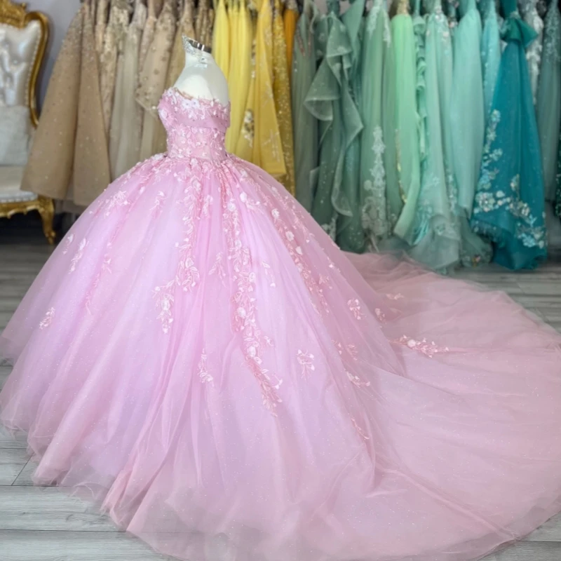 

Розовые платья для Quinceanera с открытыми плечами, аппликацией в виде цветов, бисером, кристаллами, тюлевым корсетом, для вечеринок, дней рождения, Sweet 16, Vestidos 15