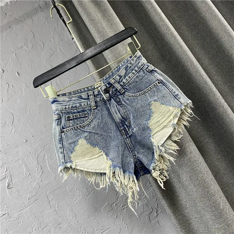 

Euro-America Style Women Jeans Shorts Cotton Low Ripped Softener Light Waist Button Fly Girls Hot Pants Street Style Large Size