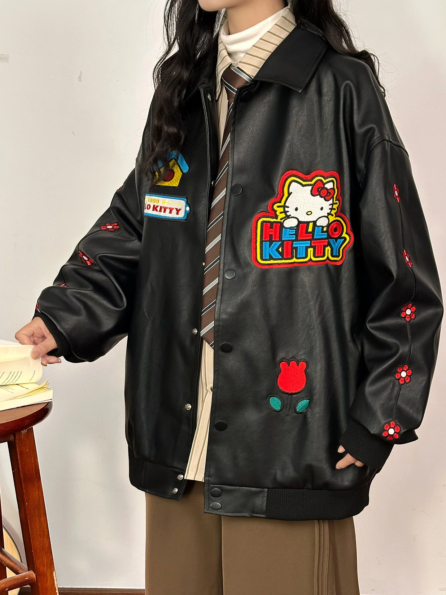 Original americano retro dos desenhos animados hellokit bordado couro jaet feminino solto topo rua sle couro do plutônio longo sve casaco