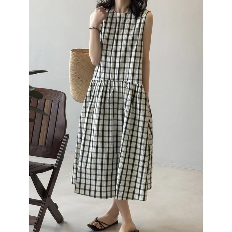 

French Retro Plaid Loose Large SwingaDress Women's Summer Long Sleeveless Vest Dress82307